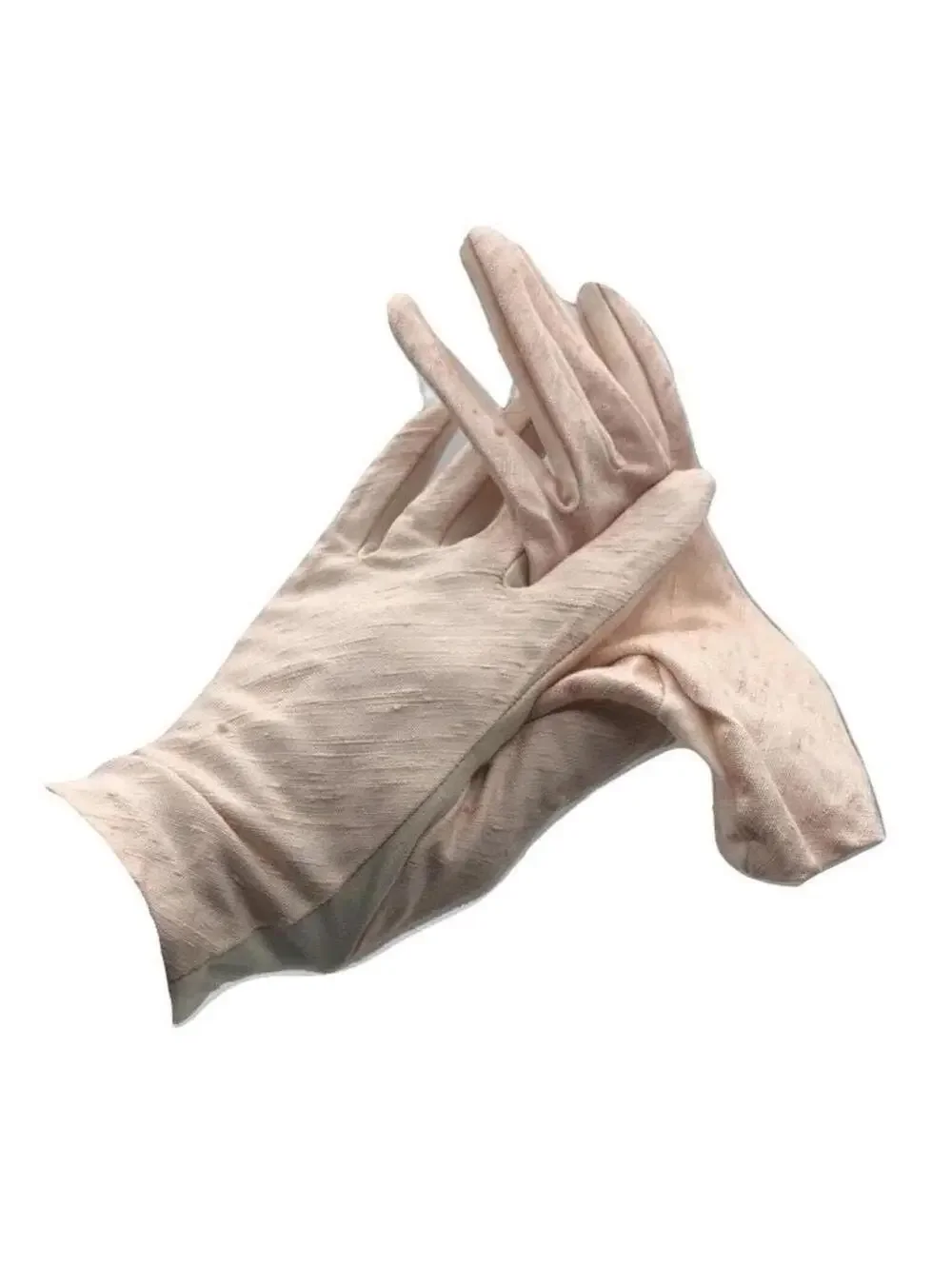 Vintage Pink Shortie Gloves: Faux Raw Silk, Rayon Wrist Length, Size 7